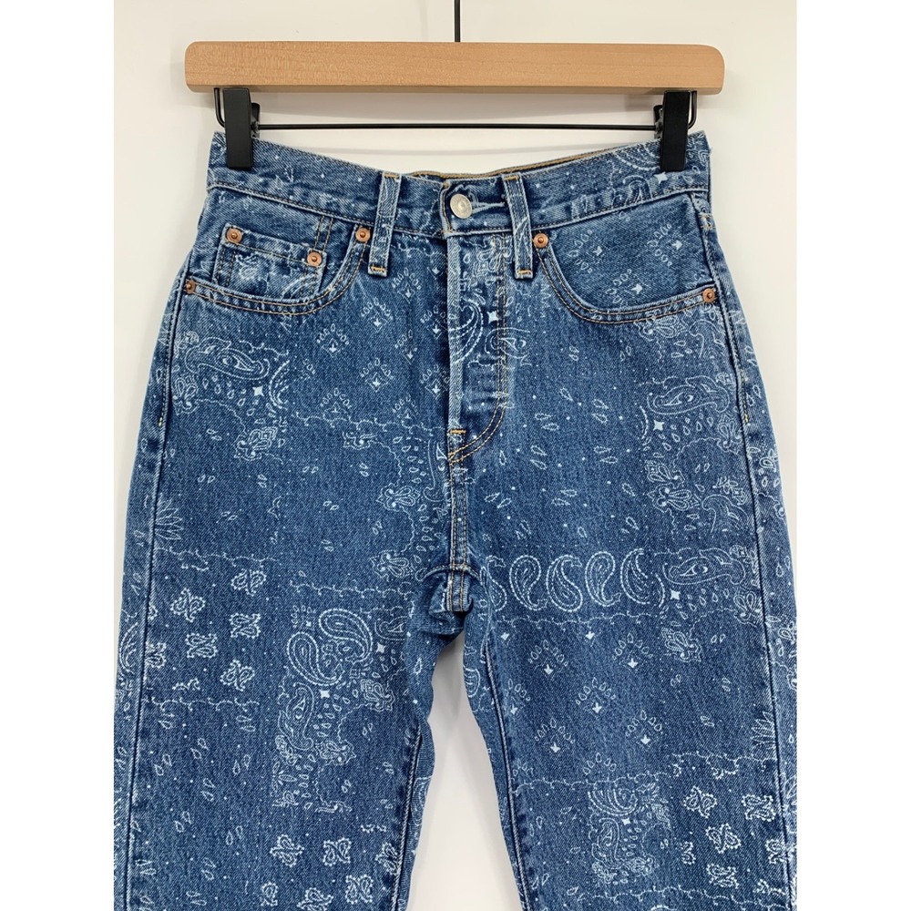 Levis 501 Paisley Jeans Womens 24 Blue Paisley Print Button Fly Denim (24x30) - Picture 2 of 12